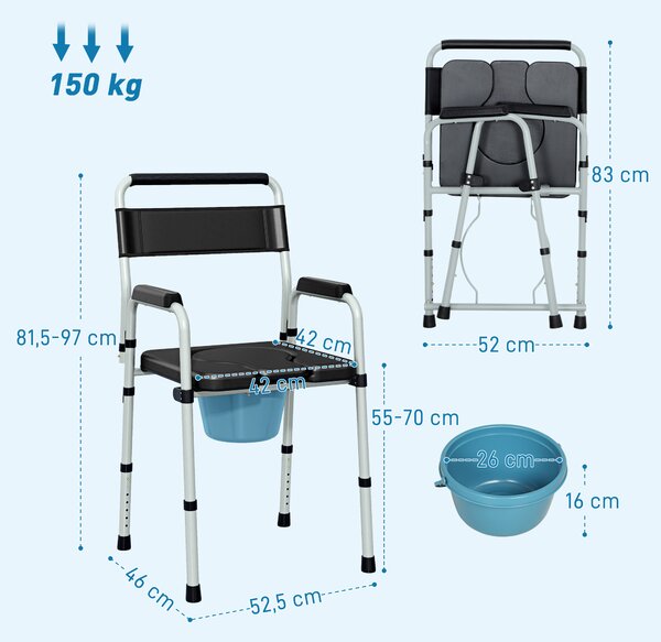 HOMCOM Sedia WC Pieghevole e Regolabile con Braccioli e Schienale, in Acciaio e Pelle PU, 52.5x46x81.5-97 cm, Nero