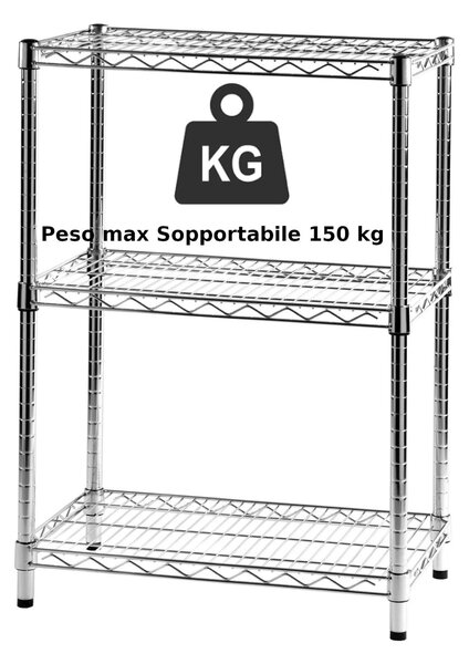 Scaffale cromato con 3 ripiani cromato in kit Dimensioni 35x60xh90 - peso 12 kg cm Cromo lucido