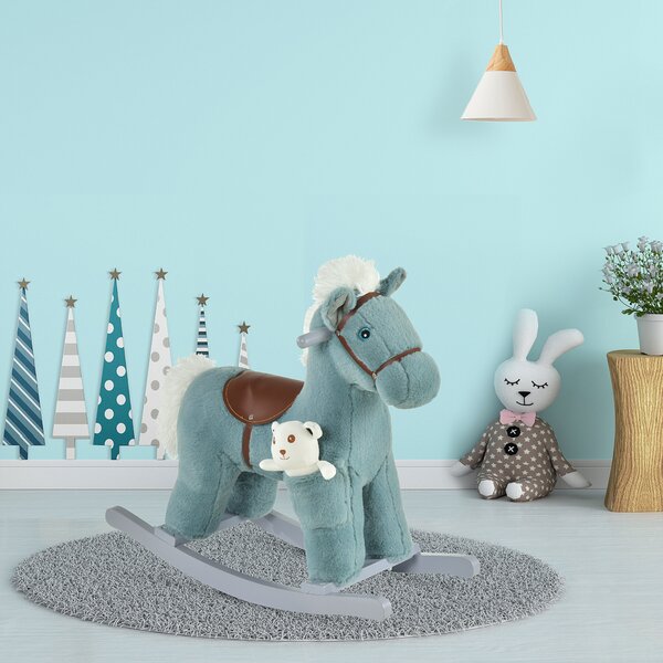 HOMCOM Cavallo a Dondolo in Peluche e Legno con Suoni e Orsetto Incluso, per Bimbi da 18-36 Mesi, 65x26x55cm, Blu|Aosom