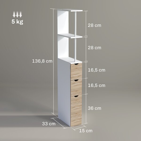 HOMCOM Mobile Colonna Bagno Salvaspazio con Armadietto, Ripiani e Cassetti, 15x33x136 cm, Colore Legno