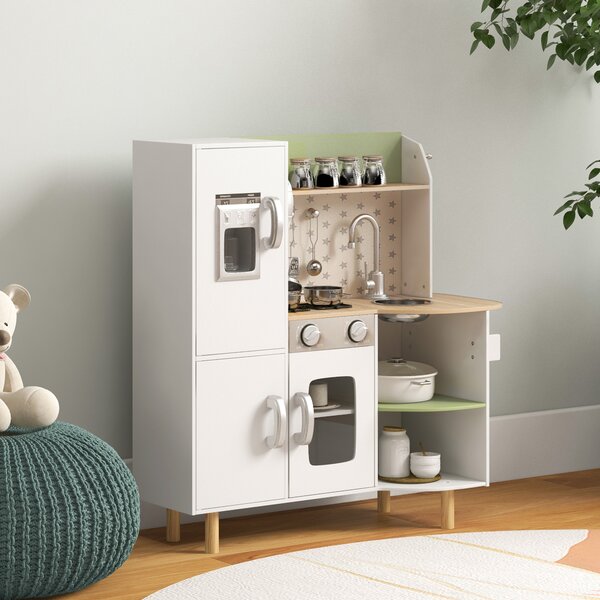 AIYAPLAY Cucina Giocattolo per Bambini 3-6 Anni con Macchina del Ghiaccio e Utensili, 84x34x89 cm, Bianco e Verde|Aosom