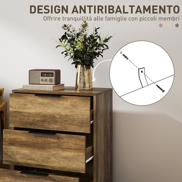 HOMCOM Cassettiera 3 Cassetti Antiribaltamento con Maniglie Nere, in Legno e Metallo, 62x35x82 cm, color Legno