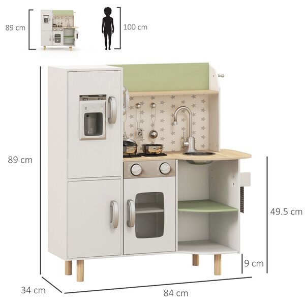 AIYAPLAY Cucina Giocattolo per Bambini 3-6 Anni con Macchina del Ghiaccio e Utensili, 84x34x89 cm, Bianco e Verde|Aosom
