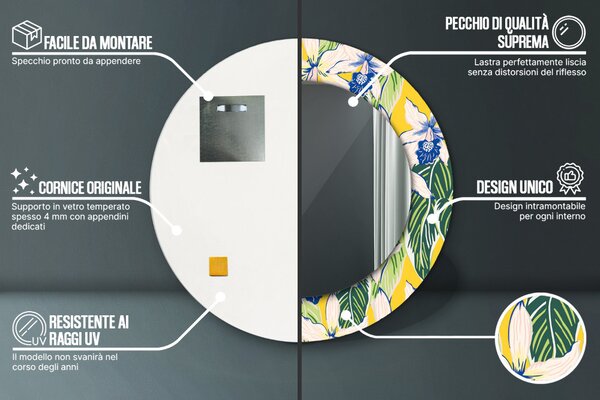 Specchio rotondo cornice con stampa Orchidee blu e gialle fi 50 cm