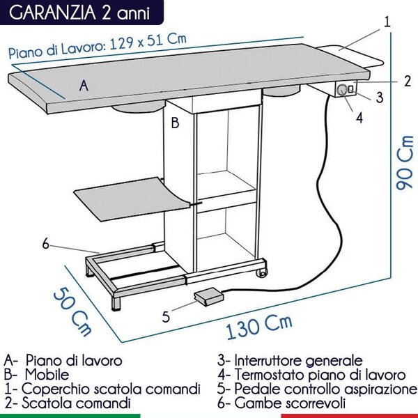 Tavolo da stiro rettangolare piano 129X51 cm. riscaldato ed aspirante. regolazione temperatura piano con termostato
