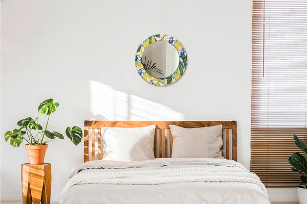 Specchio rotondo cornice con stampa Orchidee blu e gialle fi 50 cm