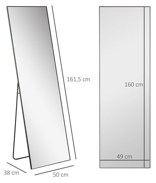 HOMCOM Specchio a Figura Intera da Parete o da Terra in Metallo e Lega di Alluminio, 50x2x161.5 cm, Nero | Aosom Italy