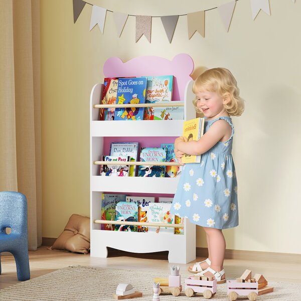 AIYAPLAY Libreria per Bambini con 3 Ripiani a Forma di Orsetto con Barriere Frontali, 55x15x110 cm, Rosa | Aosom Italy