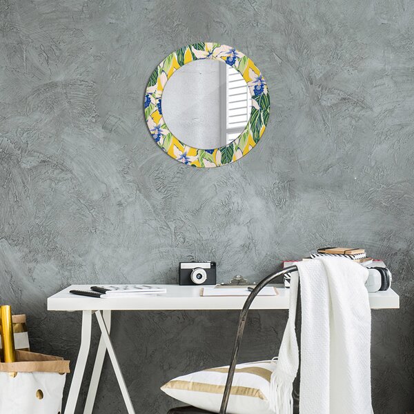 Specchio rotondo cornice con stampa Orchidee blu e gialle fi 50 cm