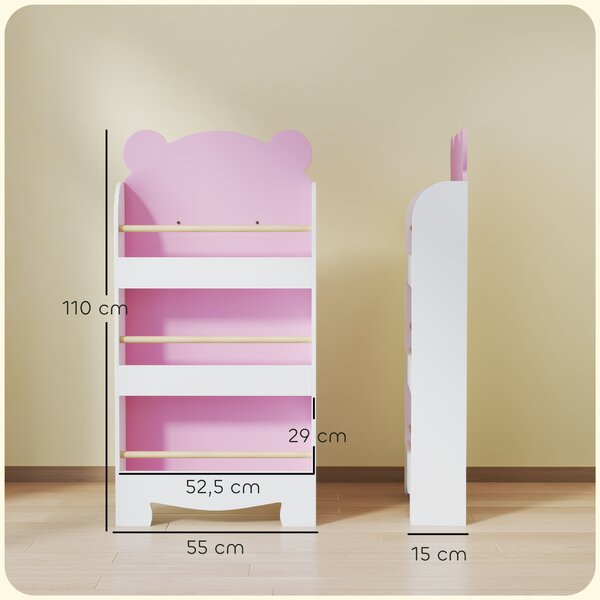 AIYAPLAY Libreria per Bambini con 3 Ripiani a Forma di Orsetto con Barriere Frontali, 55x15x110 cm, Rosa | Aosom Italy