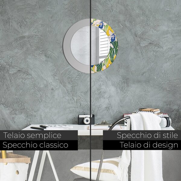 Specchio rotondo cornice con stampa Orchidee blu e gialle fi 50 cm
