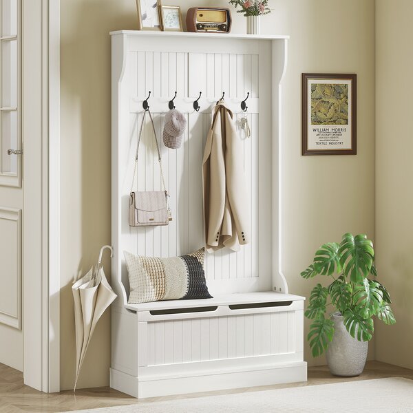 HOMCOM Appendiabiti da Terra 179.7cm con Panca Porta Scarpe, 5 Ganci, Dispositivo Antiribaltamento, per Ingresso, Crema | Aosom Italy