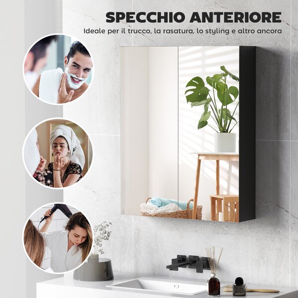 HOMCOM Armadietto Pensile Bagno 2 Ante con Specchiera e 2 Ripiani Interni in MDF, 60x15x75 cm, Nero | Aosom Italy