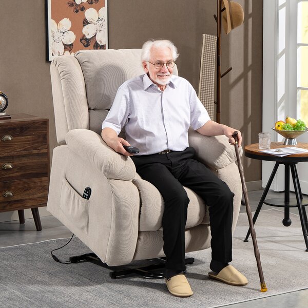 HOMCOM Poltrona Alzapersona Moderno con 2 Tasche e Telecomando, Sedia Massaggiante e Reclinabile, 93x104x105 cm, Beige | Aosom Italy