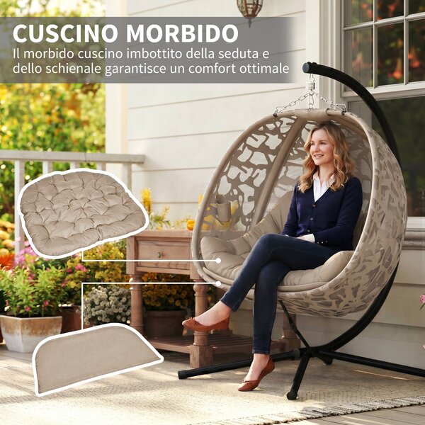 Outsunny Poltrona Sospesa 2 Posti con 2 Tasche, 2 Cuscini e Cesto Pieghevole, 130x103x172 cm|Aosom
