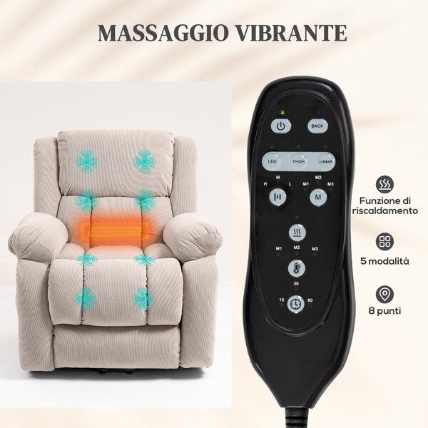 HOMCOM Poltrona Alzapersona Moderno con 2 Tasche e Telecomando, Sedia Massaggiante e Reclinabile, 93x104x105 cm, Beige | Aosom Italy