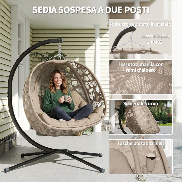Outsunny Poltrona Sospesa 2 Posti con 2 Tasche, 2 Cuscini e Cesto Pieghevole, 130x103x172 cm|Aosom