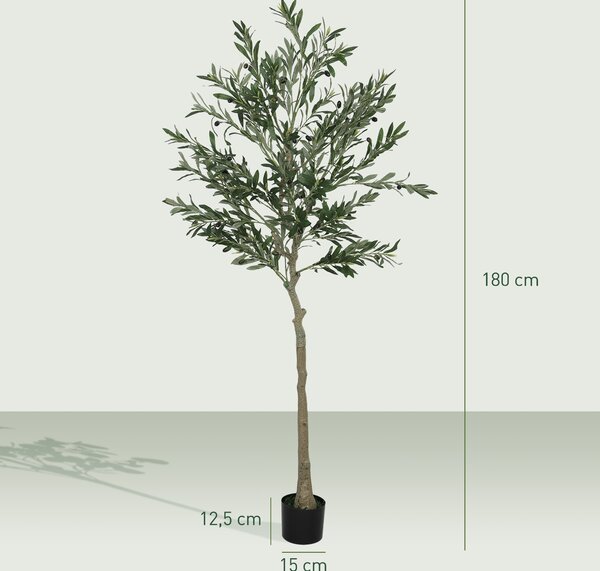 HOMCOM Pianta Artificiale di Olivo Alta 180 cm, Albero Finto con 900 Foglie e 40 Olive, Vaso Incluso | Aosom Italy