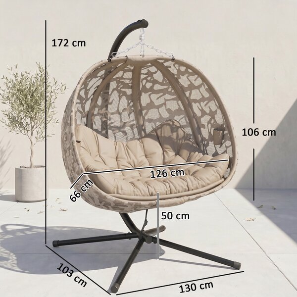 Outsunny Poltrona Sospesa 2 Posti con 2 Tasche, 2 Cuscini e Cesto Pieghevole, 130x103x172 cm|Aosom