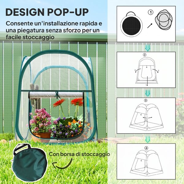 Outsunny Mini Serra da Giardino con Copertura in Plastica e Telaio in acciaio, Finestra Avvolgibile e Borsa, 70x70x80 cm, Trasparente|Aosom Italy