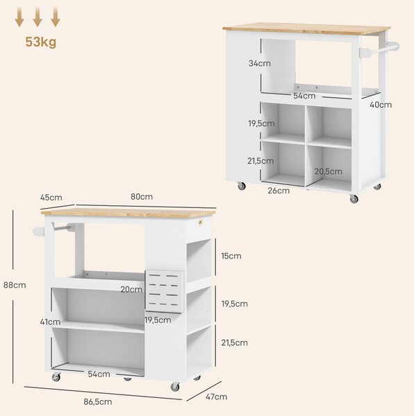 HOMCOM Carrello Isola da Cucina con Ripiani Regolabili, Portacoltelli e Piano in Legno, 86.5x47x88 cm, Bianco | Aosom Italy