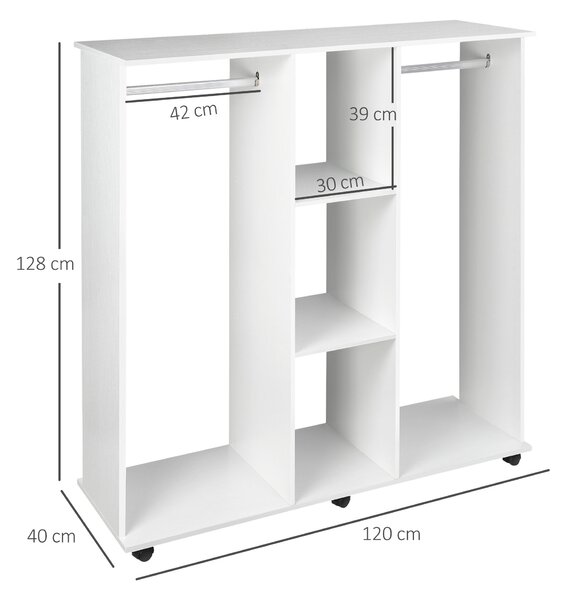 HOMCOM Armadio Guardaroba a Rotelle con 2 Barre e 3 Ripiani Aperti, in Legno e Alluminio, 120x40x128 cm, Bianco | Aosom Italy
