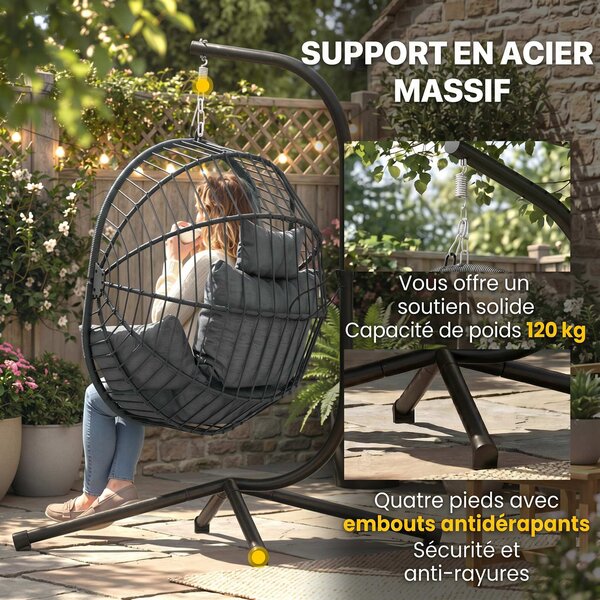 Outsunny Poltrona Sospesa a Uovo con Cuscino Imbottito e Cesto Pieghevole, 120x106x188 cm, Grigio | Aosom Italy