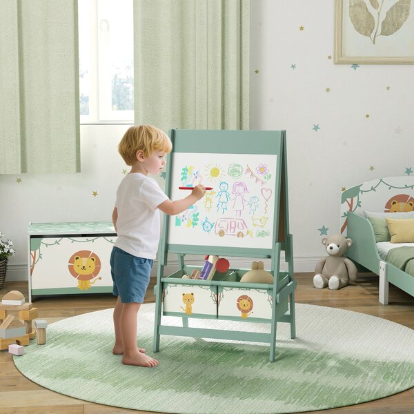 AIYAPLAY Lavagna per Bambini 3 in 1 con Cavalletto, Rotolo di Carta e 2 Cestelli, in Legno, 54x46x94 cm, Verde | Aosom Italy