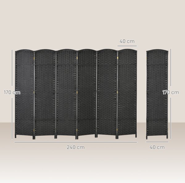 HOMCOM Paravento Divisorio da Interni Pieghevole a 6 Ante Intrecciato, 240x170 cm, Nero | Aosom Italy