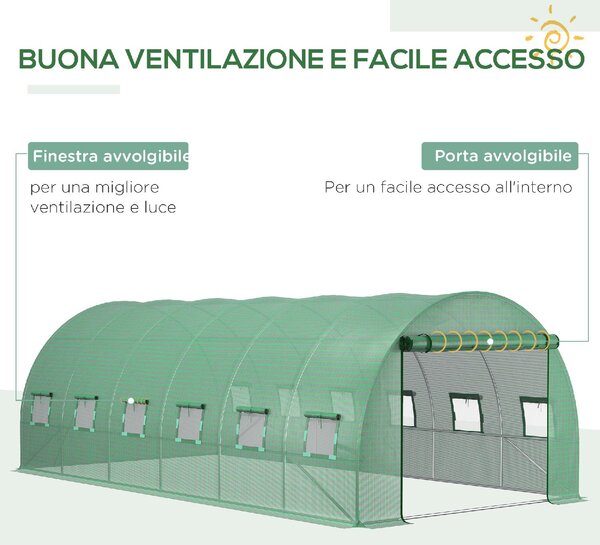 Brugel Telo per Serra in PE con 12 Finestre Porta Avvolgibile e Bordi Interrati 6x3x2 m colore Verde - 823DHGN