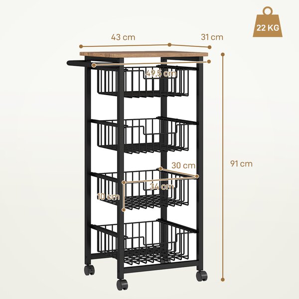 HOMCOM Carrello da Cucina con 4 Cestini Estraibili, Ruote e Freni, Acciaio e Legno, 49.5x31x91 cm, Rovere | Aosom Italy