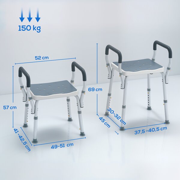 HOMCOM Sgabello per Doccia Regolabile con Braccioli e Fori di Drenaggio, in Alluminio, HDPE e EVA, 52x45x57-69 cm | Aosom Italy