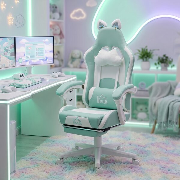 HOMCOM Sedia da Gaming Reclinabile con Poggiapiedi e Cuscini, in Finta Pelle e Spugna, 65x62x116-124 cm, Bianco e Azzurro | Aosom Italy