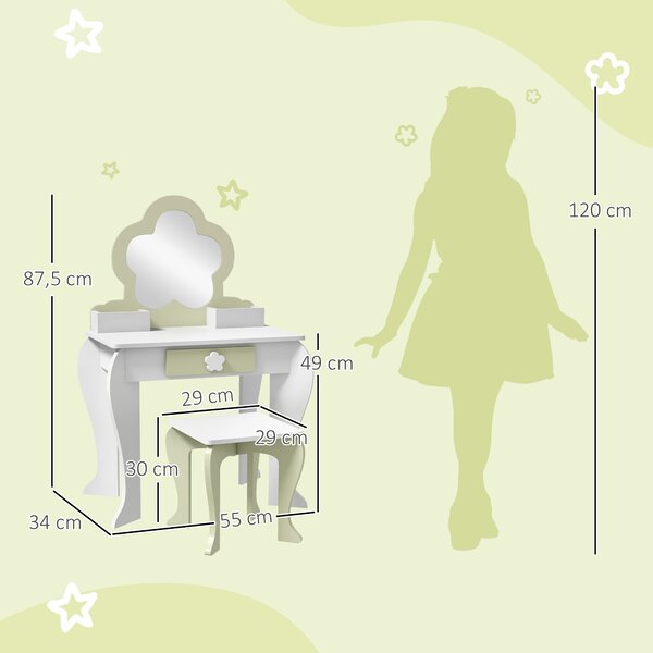 ZONEKIZ Set Toeletta per Bambina con Specchio Trucco e Sgabello Abbinato in Legno, Cassetto e Contenitori, Bianco | Aosom Italy