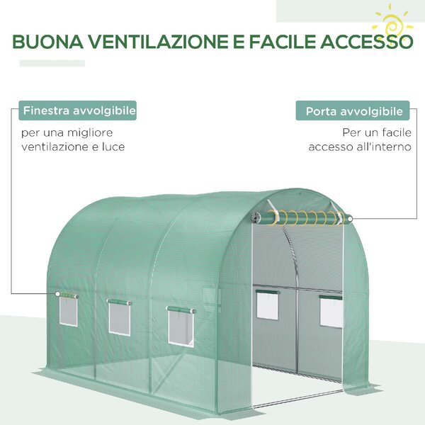 Brugel Telo per Serra in PE con 6 Finestre Porta Avvolgibile e Bordi Interrati 3x2x2 m colore Verde - 824DHGN