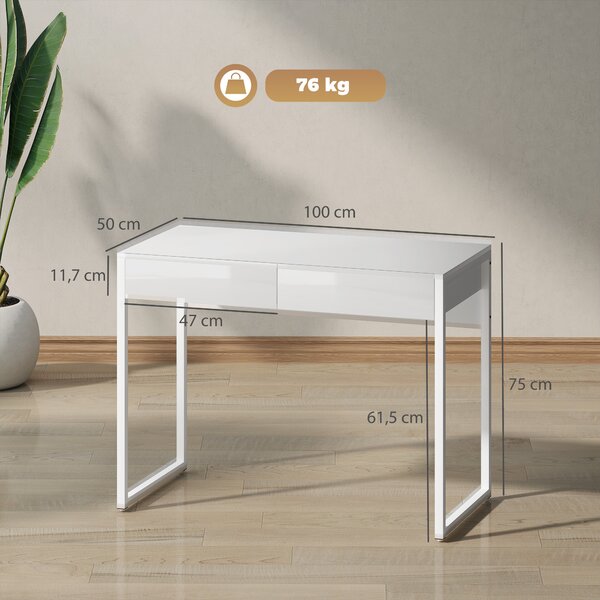 HOMCOM Scrivania Moderna con 2 Cassetti e Gambe in Acciaio, 100x50x75 cm, Bianco Lucido | Aosom Italy