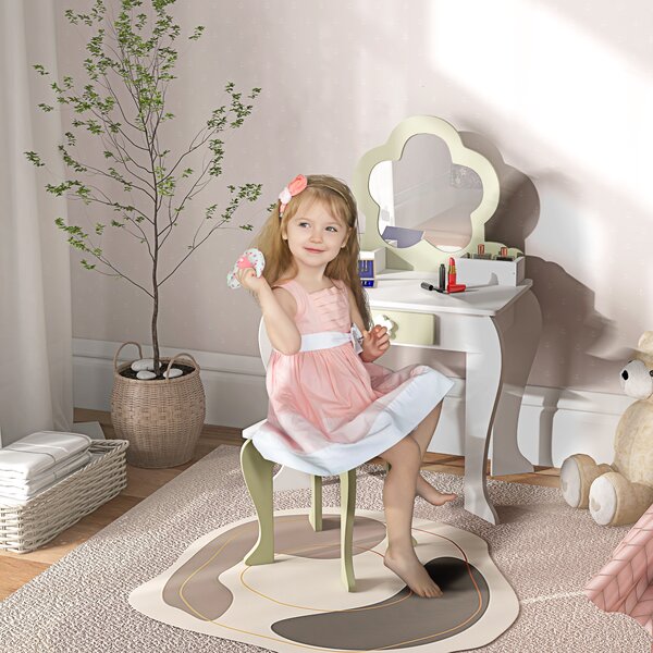 ZONEKIZ Set Toeletta per Bambina con Specchio Trucco e Sgabello Abbinato in Legno, Cassetto e Contenitori, Bianco | Aosom Italy