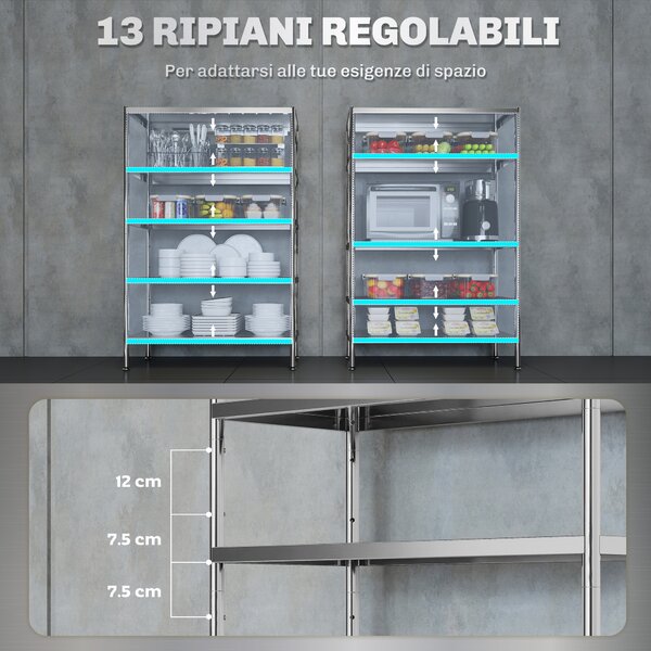 HOMCOM Scaffale da Cucina a 5 Livelli Regolabili su 13 Altezze Diverse, in Acciaio Inox, 91x40x139 cm, Argento | Aosom Italy