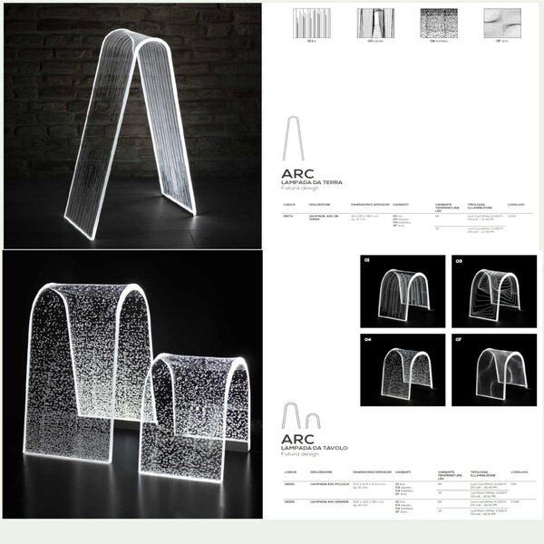 Lampada da tavolo small ARC da tavolo Led C 15,5x10,5xh17 cm 24 Volt 2 W 18W/Mt- 6.000 K in plexiglas inciso acrilico trasparente