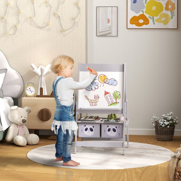 AIYAPLAY Lavagna per Bambini con Cavalletto 3 in 1 e 2 Contenitori, Età 3-8 anni, 54x46.5x93cm, Grigio | Aosom Italy