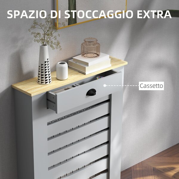 HOMCOM Copritermosifone in MDF a Doghe, Copricalorifero a Griglia con Cassetto, 78x19x95.5 cm, Grigio | Aosom Italy