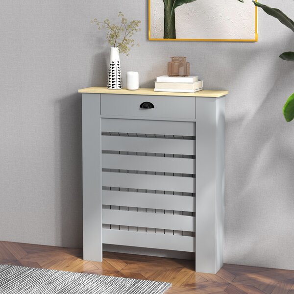 HOMCOM Copritermosifone in MDF a Doghe, Copricalorifero a Griglia con Cassetto, 78x19x95.5 cm, Grigio | Aosom Italy