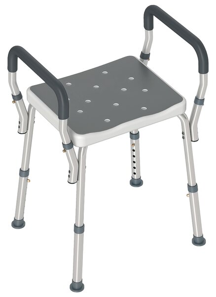 HOMCOM Sgabello per Doccia Regolabile su 6 livelli con Braccioli e Fori di Drenaggio in Alluminio per bagno, 52x45x57-69cm, Grigio | Aosom Italy