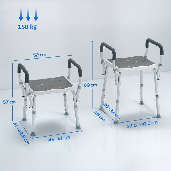 HOMCOM Sgabello per Doccia Regolabile su 6 livelli con Braccioli e Fori di Drenaggio in Alluminio per bagno, 52x45x57-69cm, Grigio | Aosom Italy