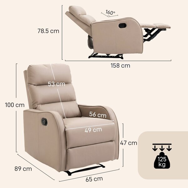 HOMCOM Poltrona Relax Manuale con Poggiapiedi e Reclinazione fino a 160°, Sedia in PU, 65x89x100cm, Marrone Chiaro | Aosom Italy