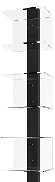 Libreria da Terra TEMPUS con struttura in Acciaio verniciato retro NERO Dimensioni 39x34xh175 cm ripiani in cristallo acrilico con colore trasparente