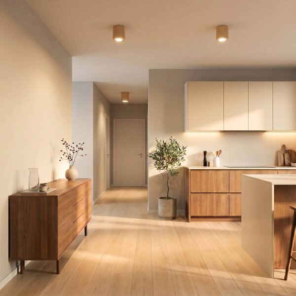 Faretto da soffitto Eve, altezza 8,5 cm, attacco GU10, legno Eve TK Lighting, dimmerabile, Legno chiaro, Soggiorno / Sala da pranzo, Legno, Moderno, Downlight
