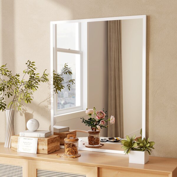 HOMCOM Specchio Bagno Parete Rettangolare con Ganci, Specchio da Camera in Vetro e MDF, 70x90 cm, Bianco | Aosom Italy