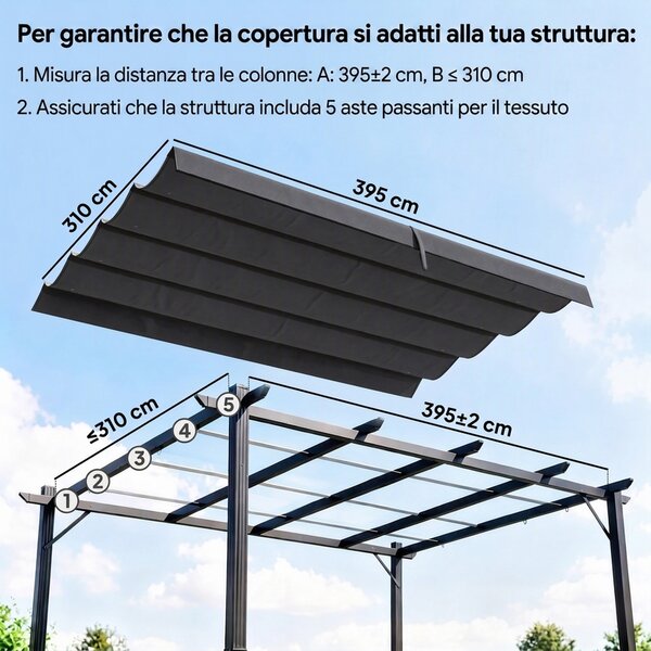Outsunny Telo Pergola per Esterni Anti UV in Poliestere Grigio Scuro con 8 Fori di Drenaggio, 392x350 cm | Aosom Italy