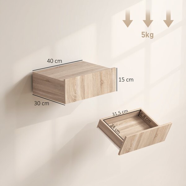 HOMCOM Set di 2 Comodini Sospesi Moderni con Cassetto in Legno, 40x30x15cm, Rovere | Aosom Italy